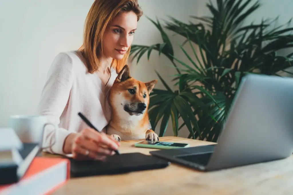 Eine Frau sitzt mit ihrem Shiba-Inu auf dem Schoß am Schreibtisch und schaut aufmerksam auf ihren Laptop.