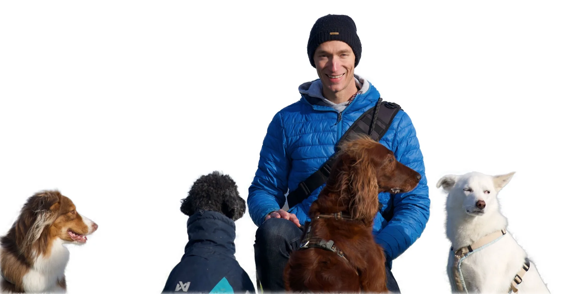 Robin Tast in blauer Jacke sitzt lächelnd zwischen vier Hunden vor weißem Hintergrund.